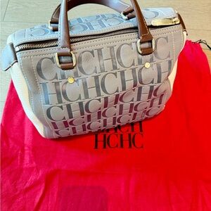 Carolina Herrera Gray Logo Canvas Satchel with Brown Handles